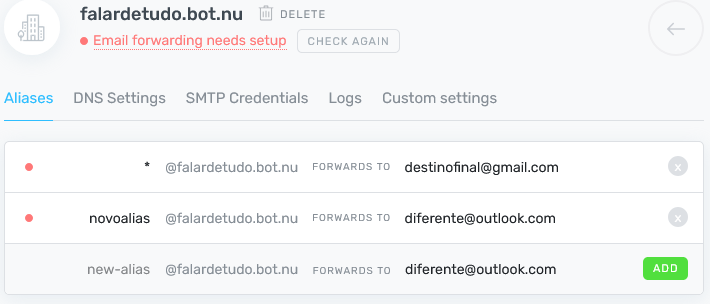 Gerenciamento de domínio no ImproveMX