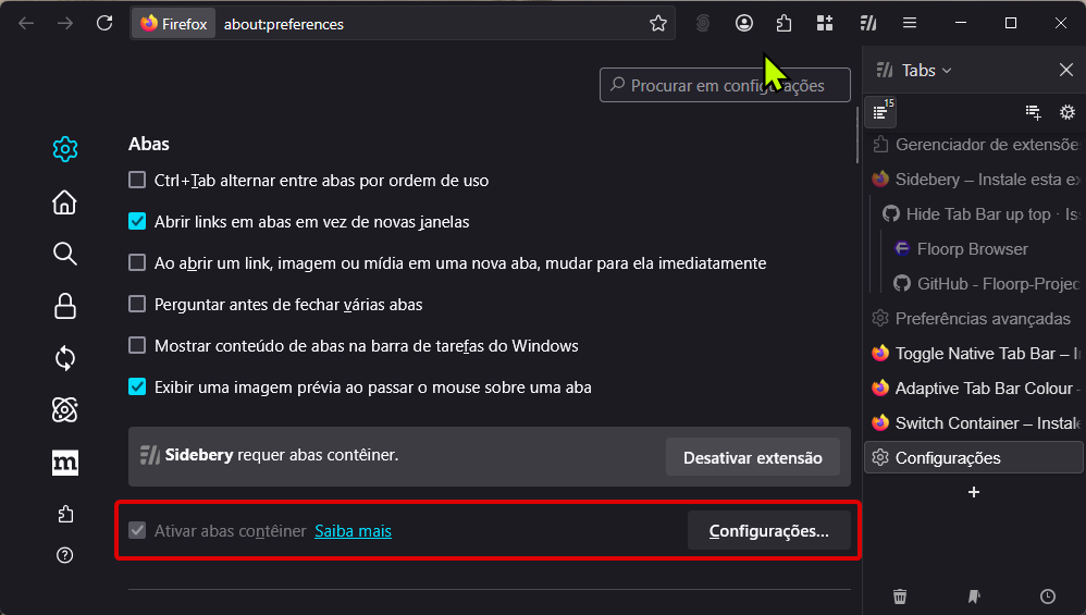 Firefox abas contêiner configurações