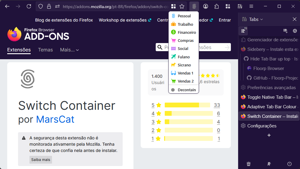 Firefox alternando entre perfis de aba contêiner