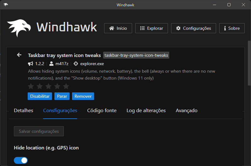 Windhawk Mod Ocultar Ícone de GPS