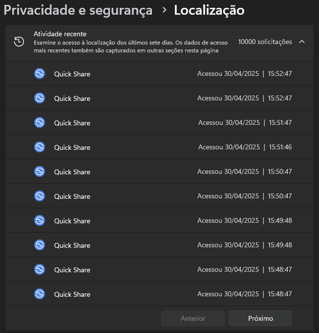 Histórico de Consulta da Localização